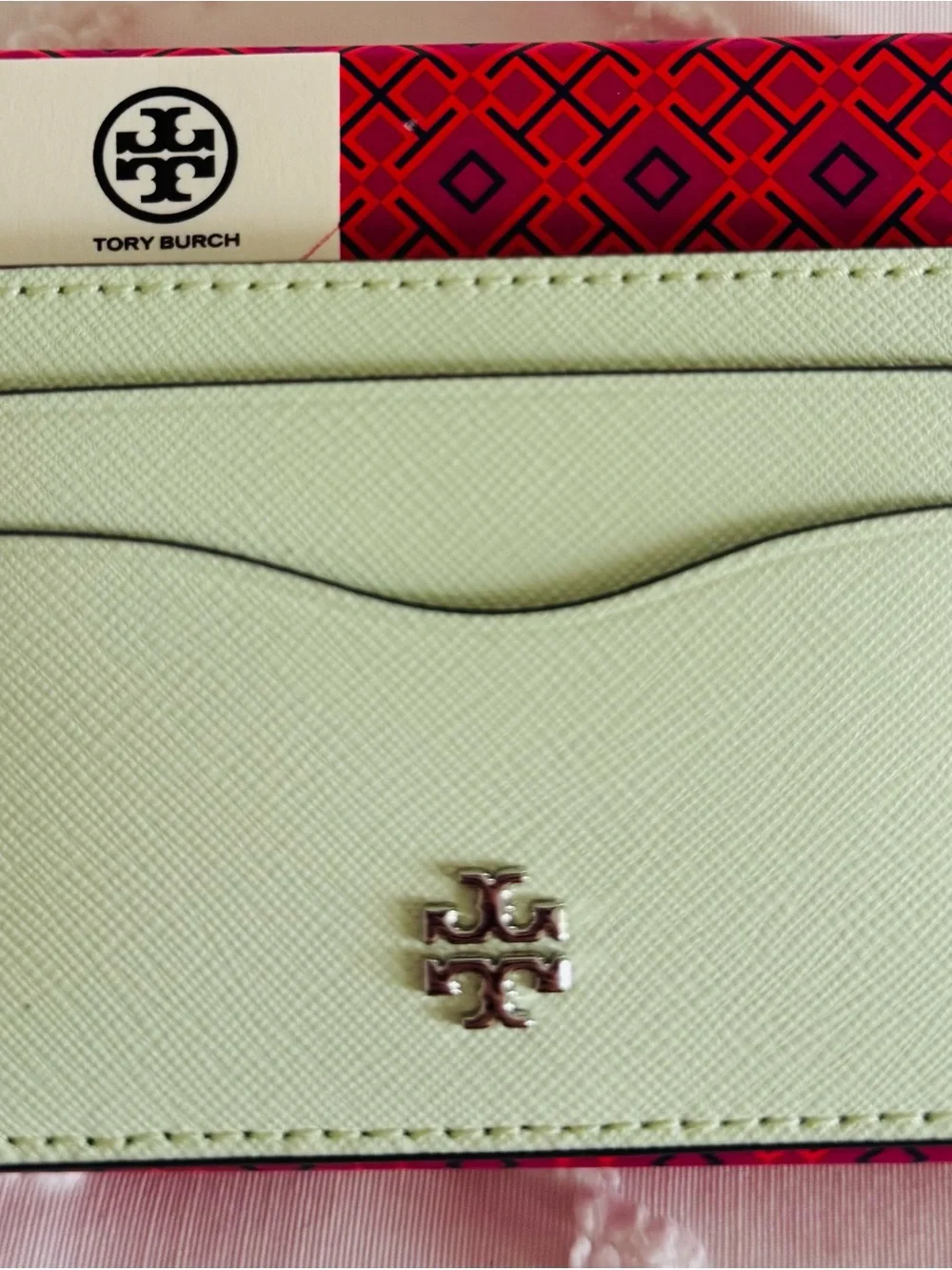 Tory Burch Light Mint Leather Card Holder with Silver Logo